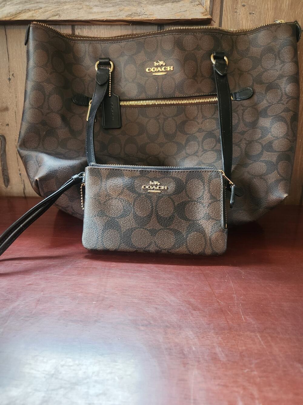 Coach Womens Gallery Tote F79609 Signature Brown Black Zip Top Bag Wristlet Set